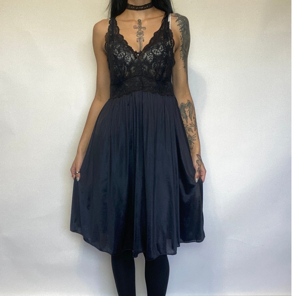 Shadowline Black Lace Midi Slip Dress Sheer Bodice Gothic Romantic Lingerie